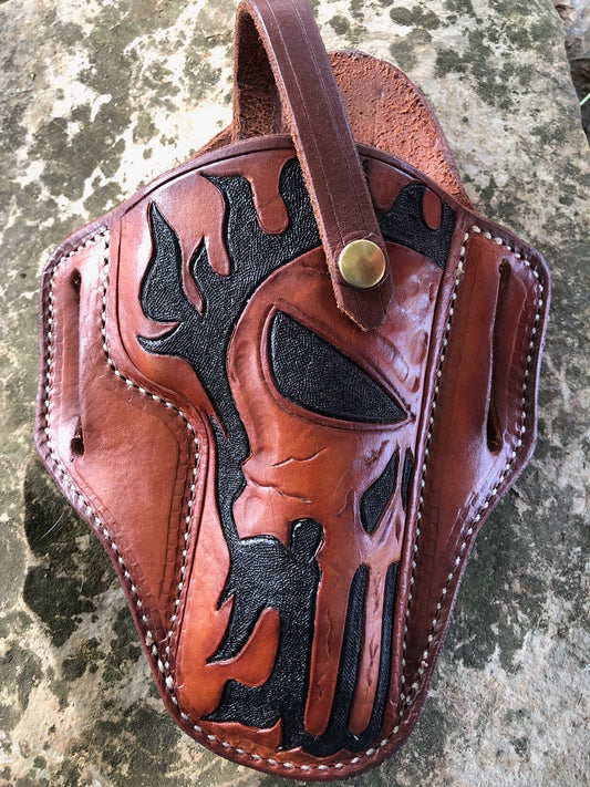 Handtooled 1911 or 9mm "Punisher" Holster, The Punisher, 1911 leather Holster, 1911 Punisher, 9mm Punisher, Hand tooled holster,