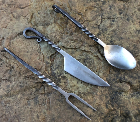 Camping Utensils, Hand forged Utensils, Hand forged fork, hand forged spoon, hand forged knife, Boy Scouts, Rustic , Backcountry Camping,