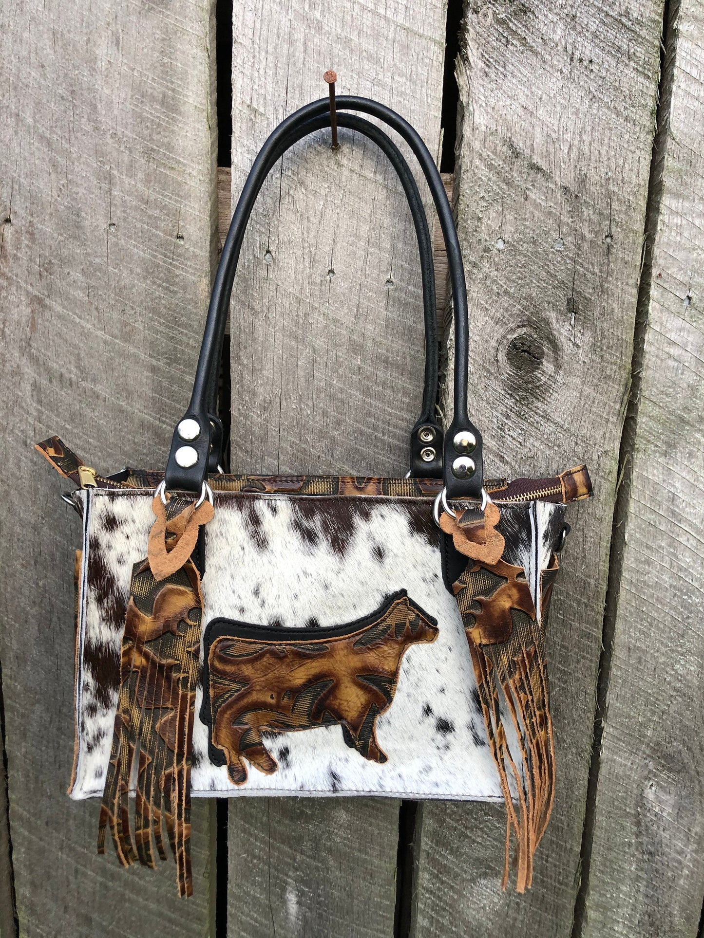 Handmade Mini Tote, Hair On Hide, Cowhide Purse, Cowhide Toto, Leather –  Rising Star Forge and Leather Works