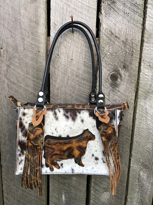 Handmade Mini Tote, Hair On Hide, Cowhide Purse, Cowhide Toto, Leather Bag, Fringe Bag, Crossbody, Brazilian Hair on Hide, Cowhide,