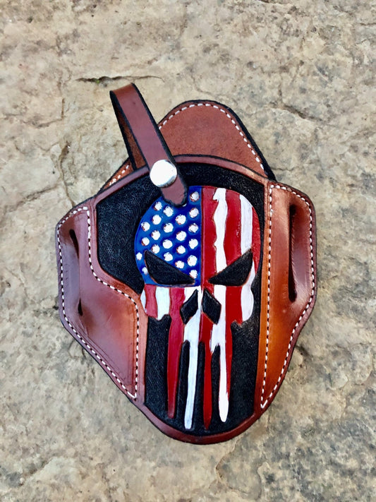 Pancake style holster, 1911 holster, Patriotic Punisher, 9mm, Sig, Ruger, Colt, Kimber, The Punisher, Handtooled Leather holster,