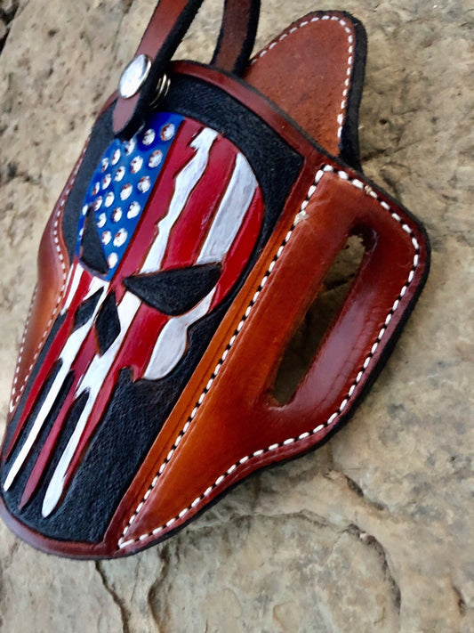 Pancake style holster, 1911 holster, Patriotic Punisher, 9mm, Sig, Ruger, Colt, Kimber, The Punisher, Handtooled Leather holster,