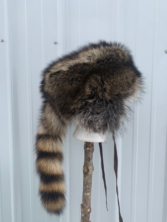 Raccoon trappers hat, Nebraska raccoon hat, plush raccoon hat, fur hat, handmade fur hat,